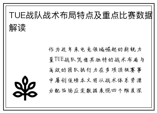 TUE战队战术布局特点及重点比赛数据解读