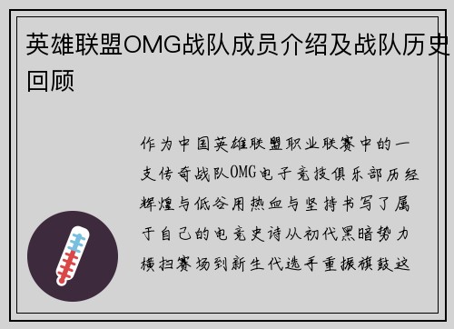 英雄联盟OMG战队成员介绍及战队历史回顾