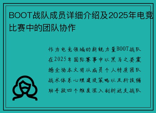 BOOT战队成员详细介绍及2025年电竞比赛中的团队协作